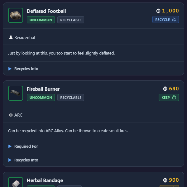 Complete item database showing recipes, locations, and item details for Arc Raiders